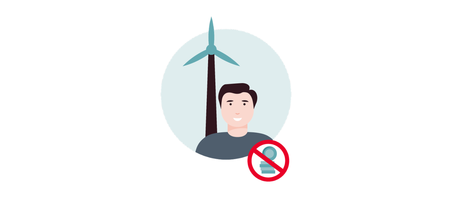 Infographic 1 shows a wind turbine as a symbol for an energy provider, a person – the entrepreneur – and a crossed-out stack of money.