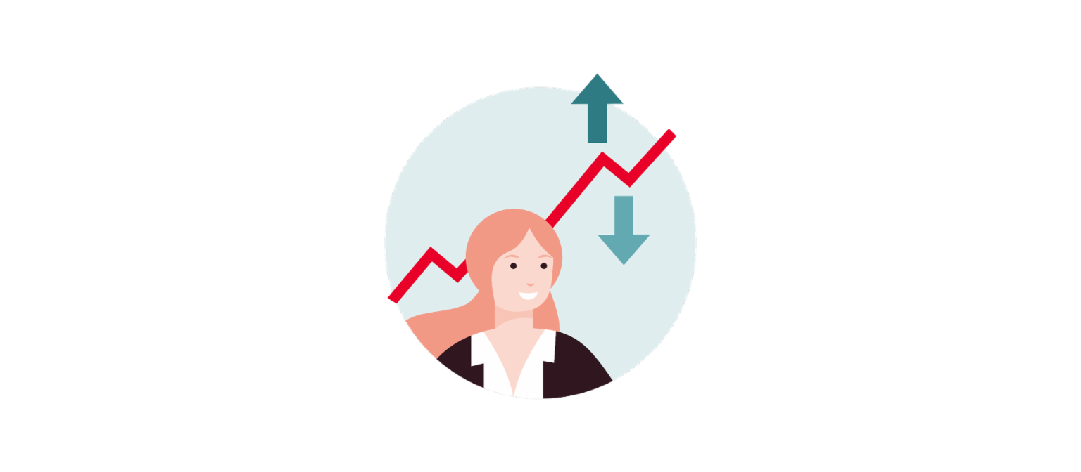Infographic 2 shows a curve that moves upward but steadily in a zigzag pattern. An upward arrow and a downward arrow represent the evaluation of the underlying data.