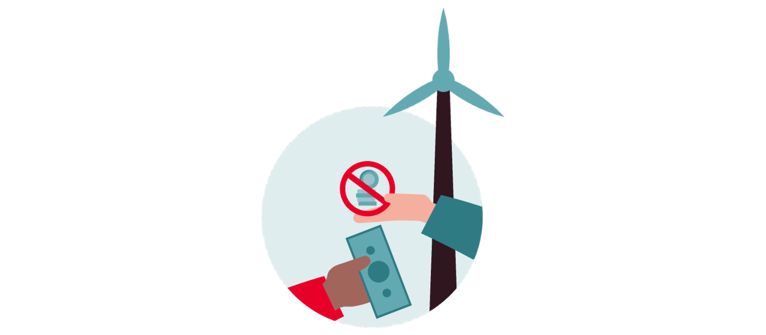 Infographic 3 shows a wind turbine and a crossed-out stack of money that is exchanged for a banknote.