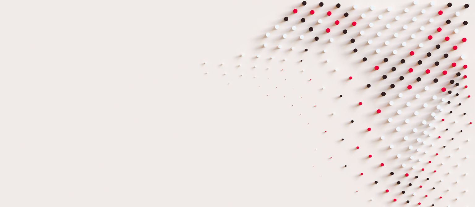 Dynamic graphic with red, white, and black dots symbolizing movement and innovation in receivables management at EOS