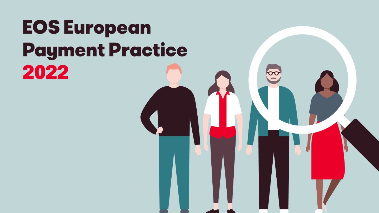 Illustration showing four diverse individuals and a magnifying glass, accompanying the text "European Payment Practise EOS study 2022". This image represents the annual EOS survey on European payment behavior and trends.