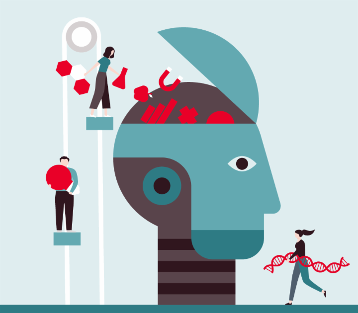 Illustration of a head being filled with knowledge by different people.