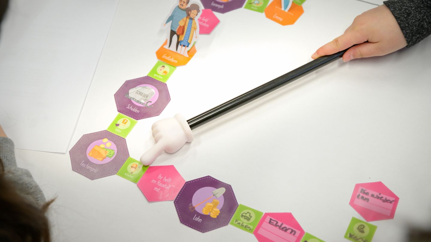 Financial education for children: Children play a game on the topic of financial education.