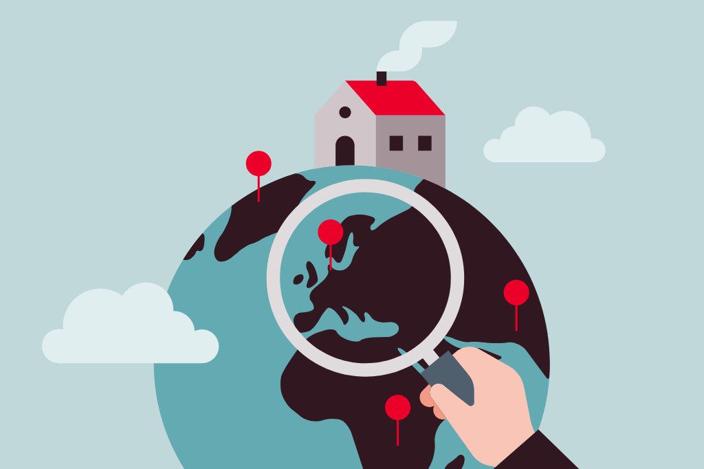 Illustration of a globe on which stylized pins are pinned. One of them is viewed through a magnifying glass and is located roughly where Denmark would be.