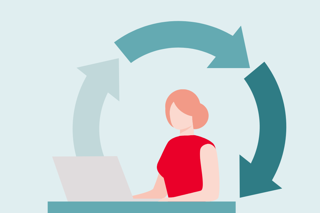 Illustration of a woman working on a laptop; a cycle is indicated by arrows in the background