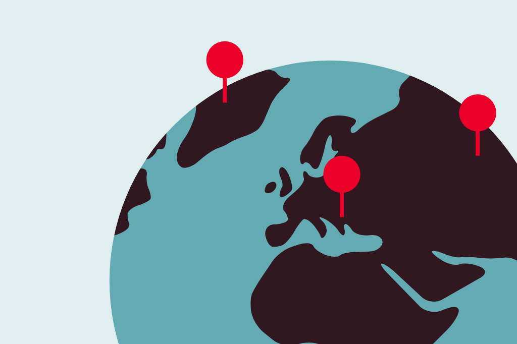 Stylized illustration of a globe with various red pins distributed over different countries