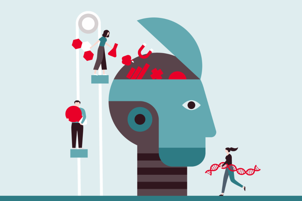 Illustration of a head being filled with knowledge by different people.